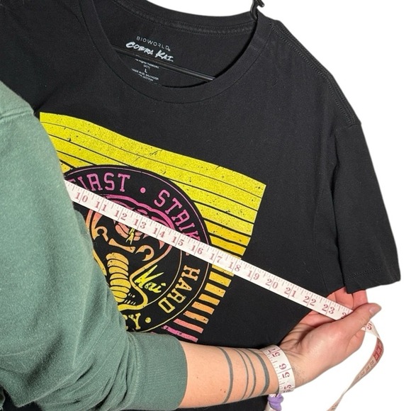 Cobra Kai Strike First Strike Hard No Mercy graphic purple & yellow T Shirt - Picture 7 of 8